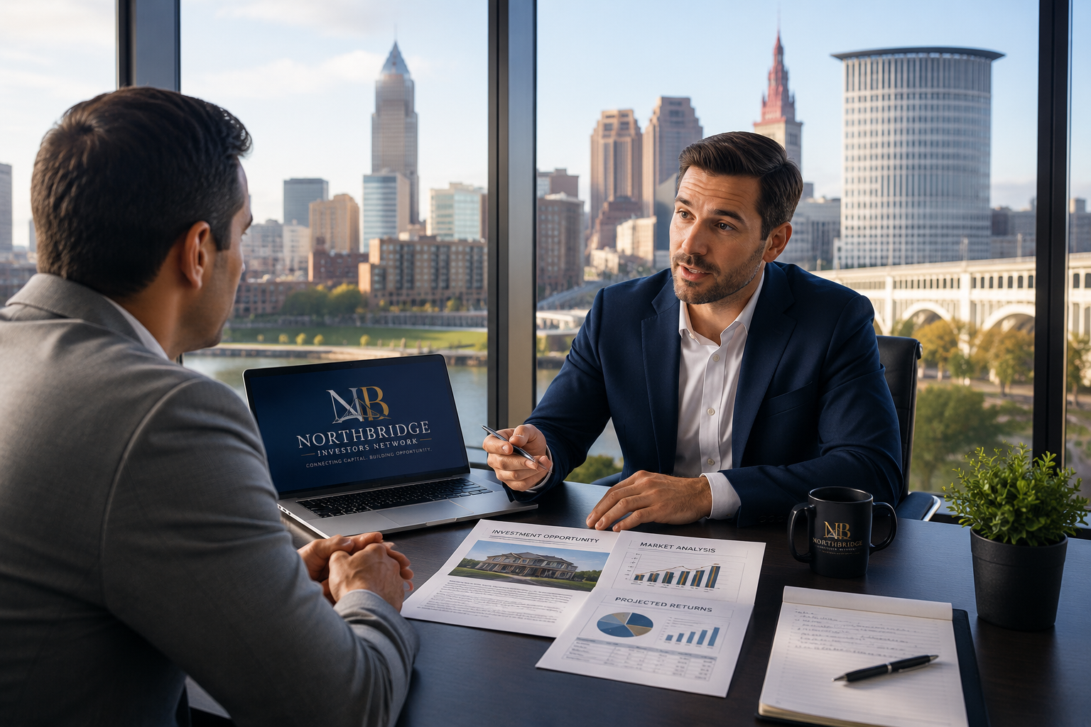 northbridge meeting at office desk overlooking cleveland skyline with 2 business executives